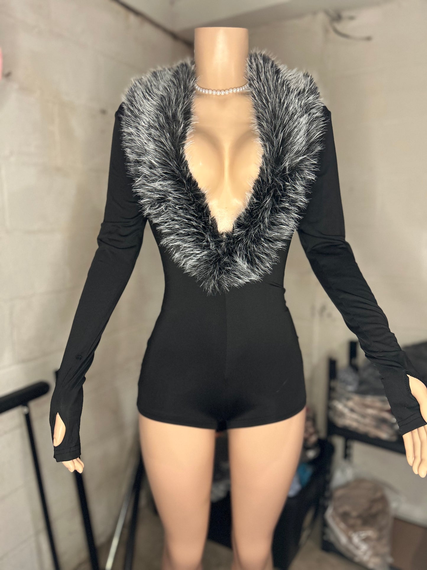 Faux fur panel romper