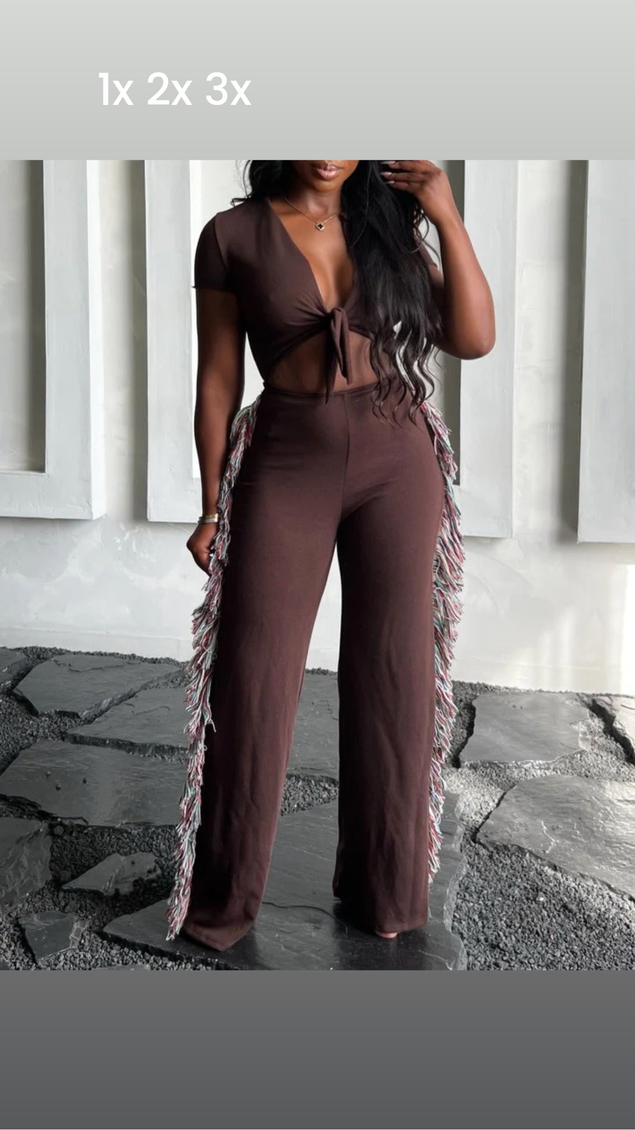 Front tie side fringe jumpsuit