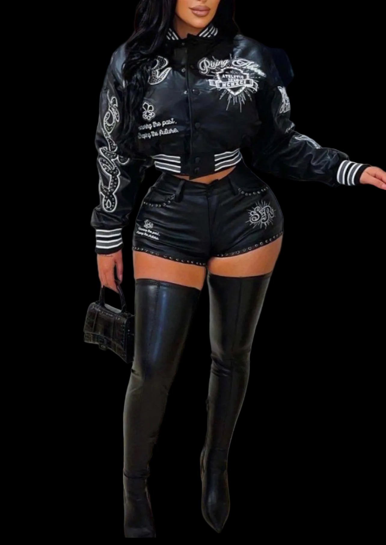 Embroidered faux leather jacket and shorts set