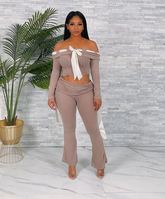 Off the shoulder rib top and skirt pants sets