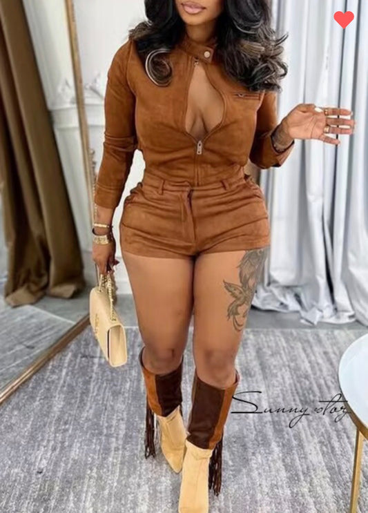 Suede crop jacket and short set