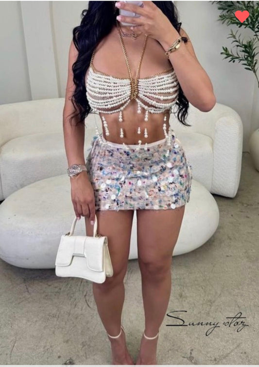 Pearl beaded chain fringe halter top and skirt set