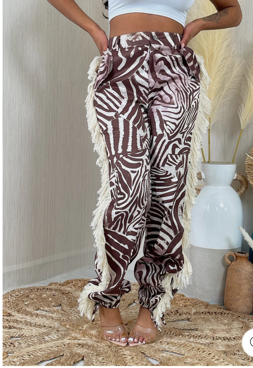 Zebra print fringe pants