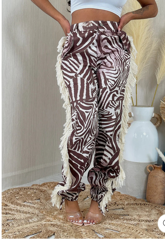 Zebra print fringe pants