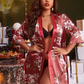 Plus sz floral satin sleep robe with belt