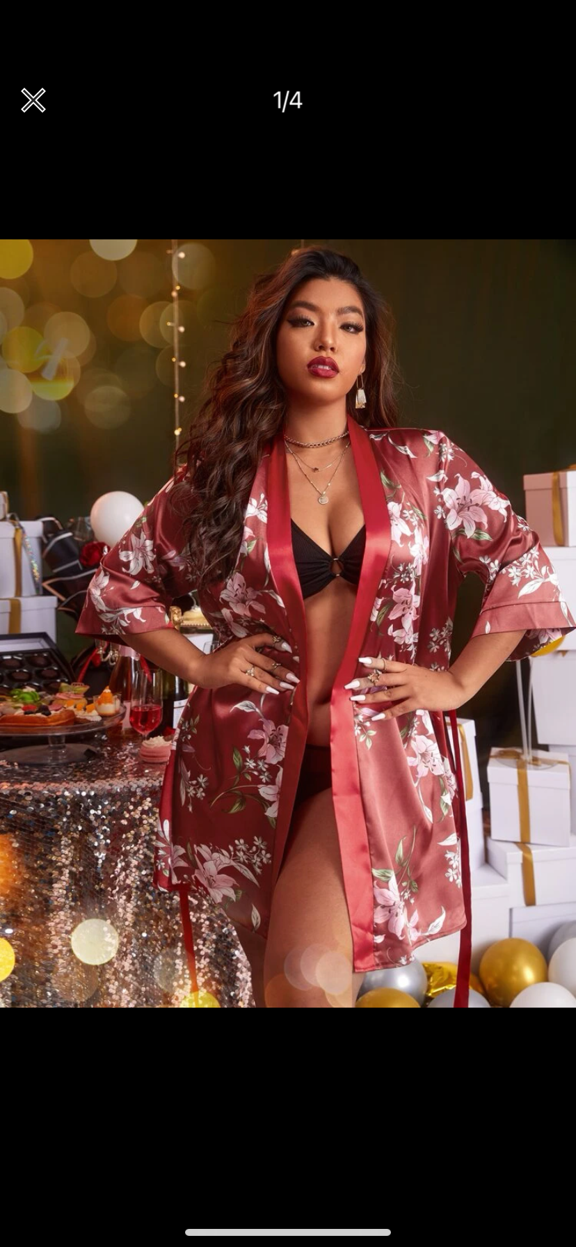 Plus sz floral satin sleep robe with belt