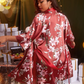 Plus sz floral satin sleep robe with belt