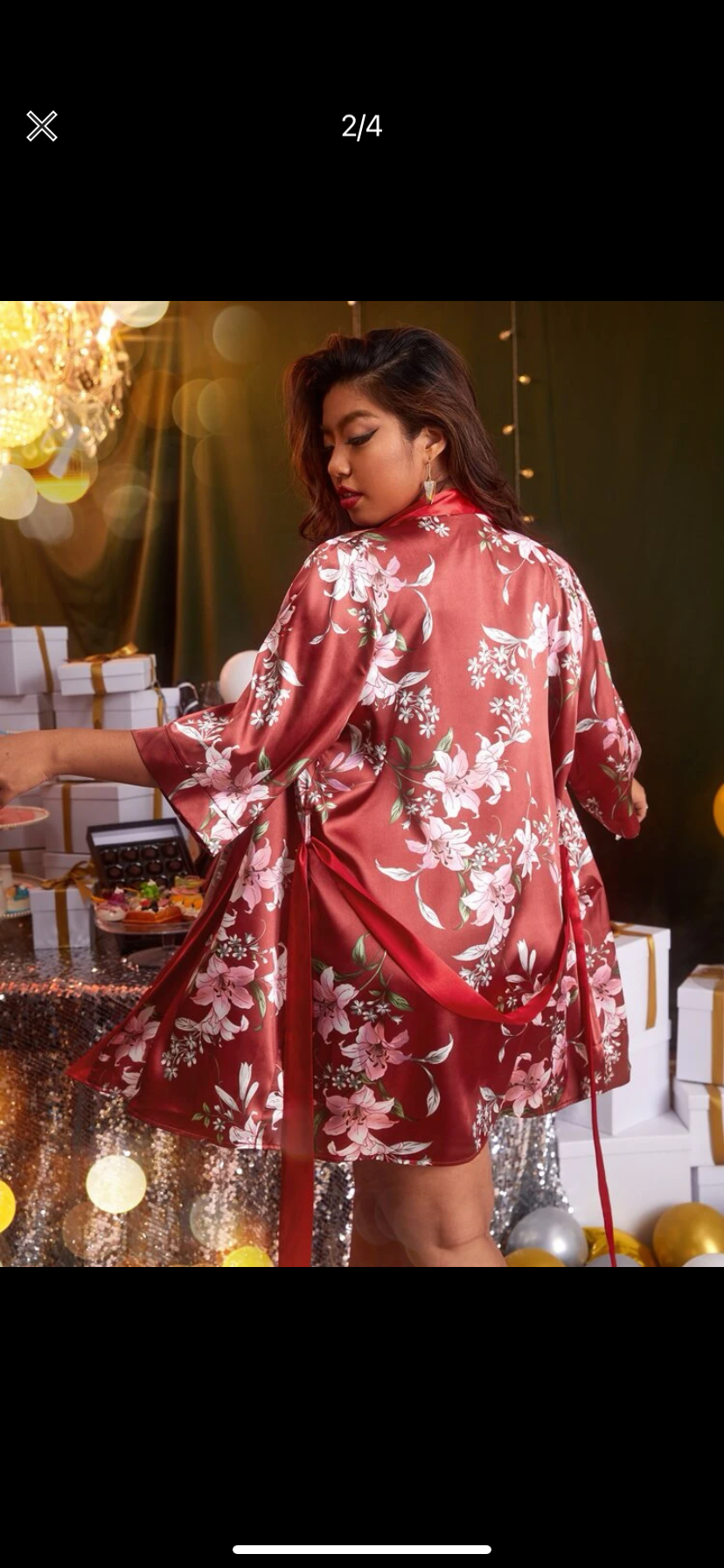 Plus sz floral satin sleep robe with belt